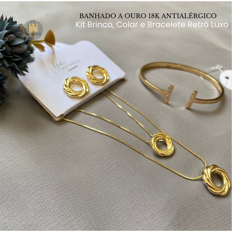 Kit Brinco, Colar e bracelete Retro Luxo Banhado A Ouro 18K