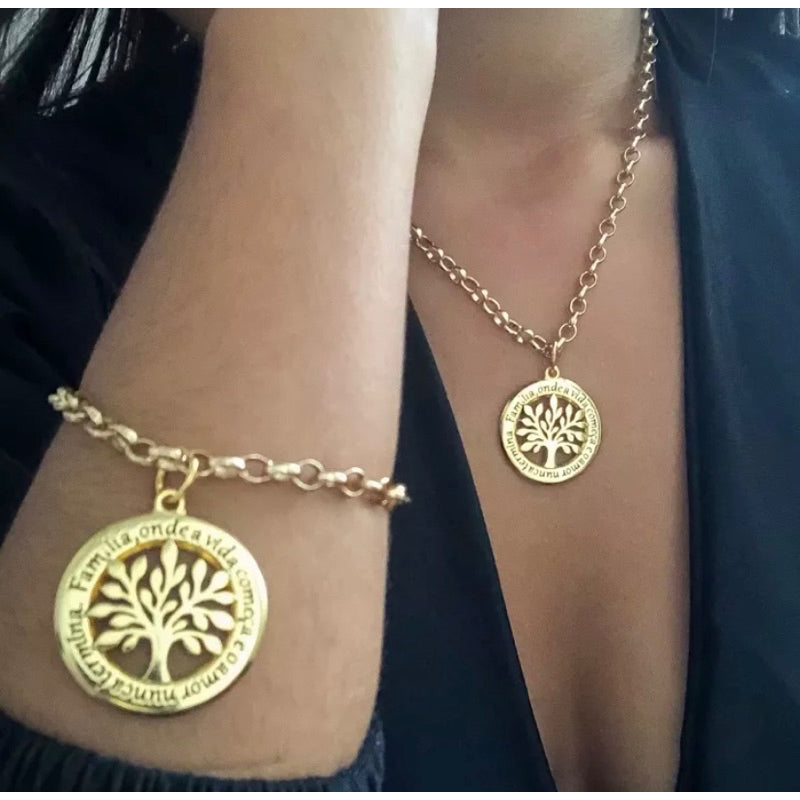 Conjunto árvore da vida Folheado Banhado 18k Moeda Antiga