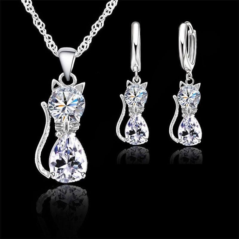 CONJUNTO PROMOCIONAL Colar + Brincos - Gato em Prata 925 e Zircônias